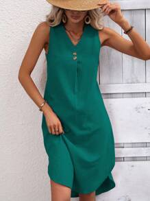 SHEIN LUNE 素色紐扣細節背心連衣裙 - 水鴨藍 - 查看 6