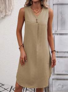 SHEIN LUNE Vestido tank unicolor con diseño de botón - Caqui - Ver 3