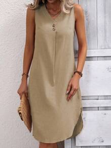 SHEIN LUNE Vestido tank unicolor con diseño de botón - Caqui - Ver 4