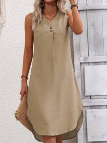 SHEIN LUNE Vestido tank unicolor con diseño de botón - Caqui - Ver 6