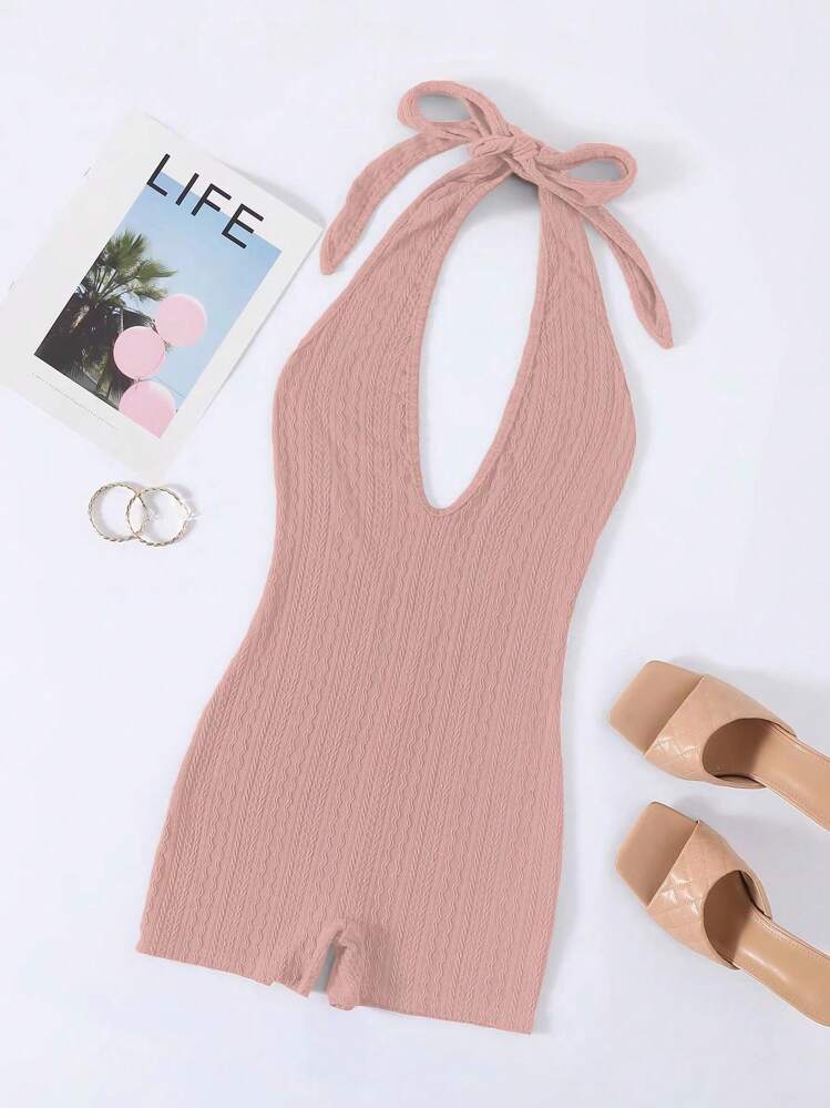 SHEIN Privé バックレスタイ ホルター ユニタードロンパース - ピンク - 見る 1