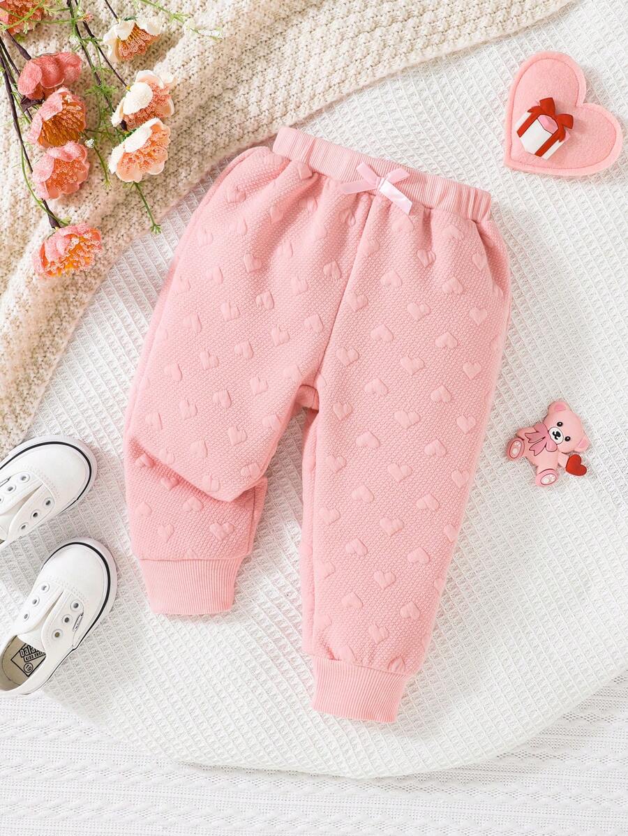 SHEIN Baby Girl Heart Embossed Bow Front Joggers - Multicolor - View 1