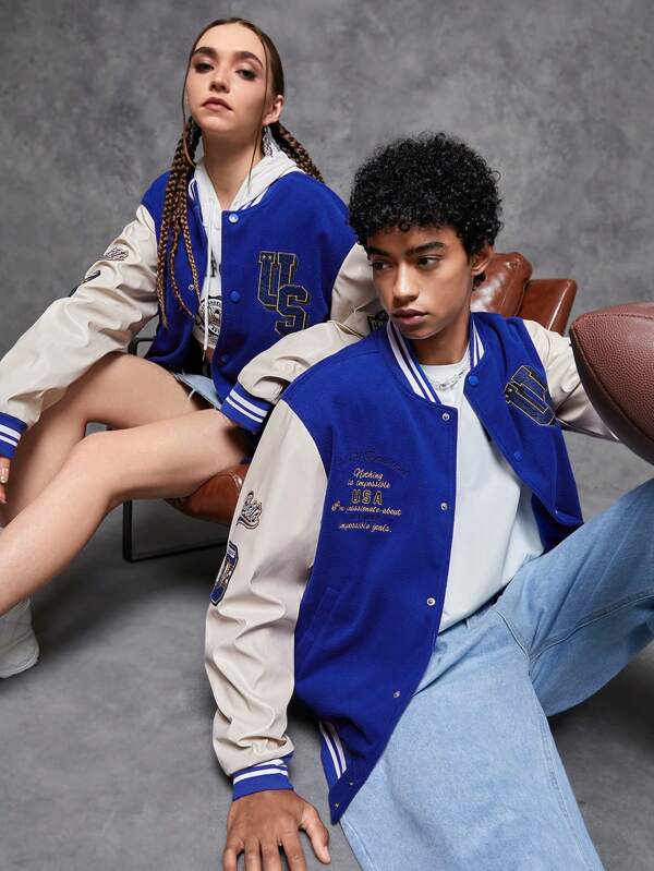 Manfinity VCAY 1 pieza Abrigo universitario oversize con bloqueo de color, ribete a rayas y hombros caídos con gráfico de eslogan, para otoño e invierno