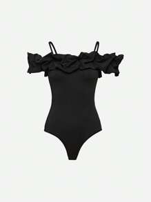 SHEIN Unity Solid Ruffle Trim Cold Shoulder Bodysuit - Black - View 1