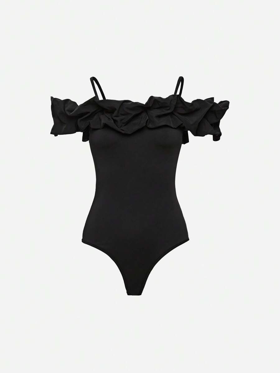 SHEIN Unity Solid Ruffle Trim Cold Shoulder Bodysuit - Black - View 1