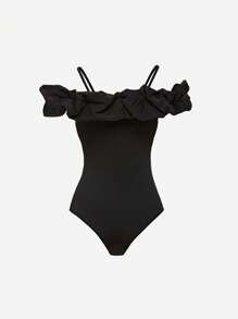 SHEIN Unity Solid Ruffle Trim Cold Shoulder Bodysuit - Black - View 2