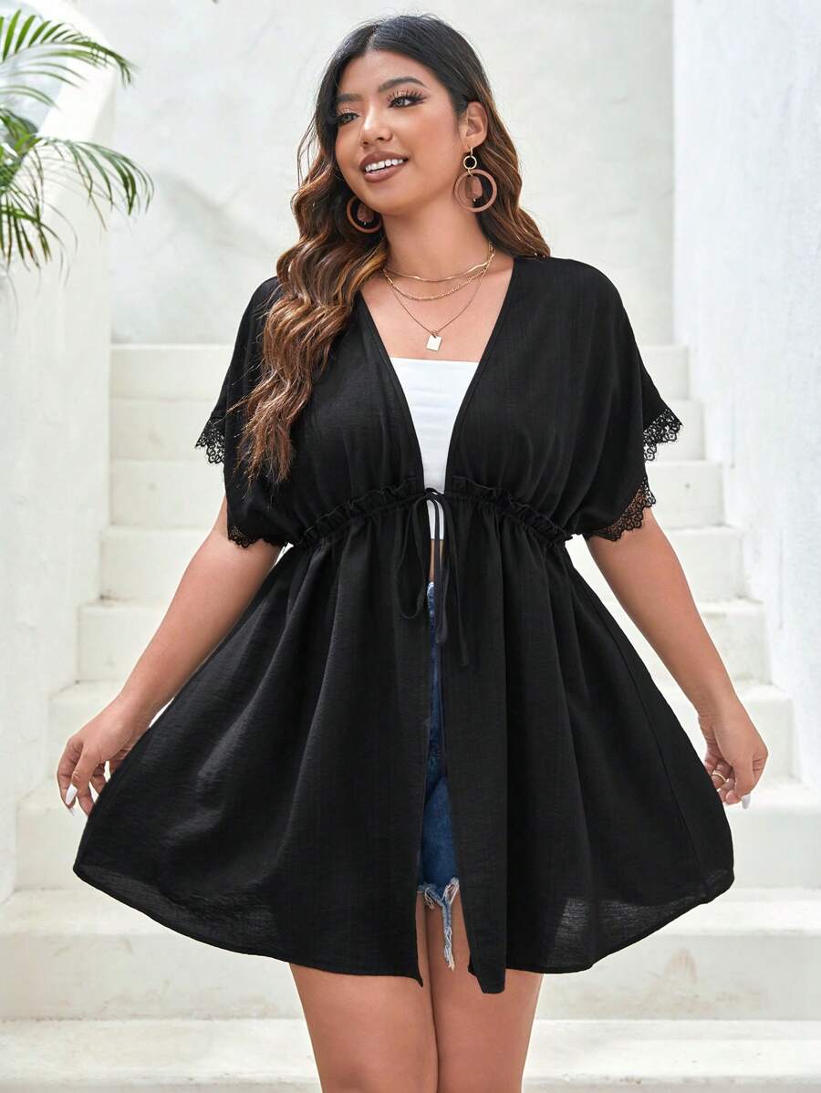 SHEIN VCAY Plus Size Contrast Lace Drawstring Waist Batwing Sleeve Kimono Summer - Black - View 1
