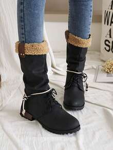 女士搭扣裝飾粗跟經典靴,時尚戶外時尚靴子 - 黑色 - 查看 2