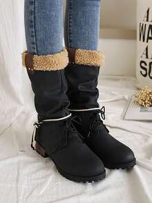 女士搭扣裝飾粗跟經典靴,時尚戶外時尚靴子 - 黑色 - 查看 3