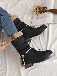 女士搭扣裝飾粗跟經典靴,時尚戶外時尚靴子 - 黑色 - 查看 5