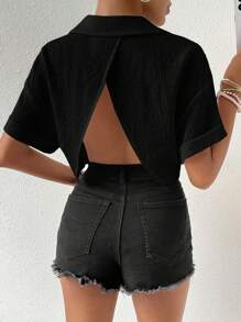 SHEIN VCAY Flap Pocket Batwing Sleeve Crop Blouse - Black - View 2