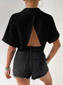 SHEIN VCAY Flap Pocket Batwing Sleeve Crop Blouse - Black - View 3