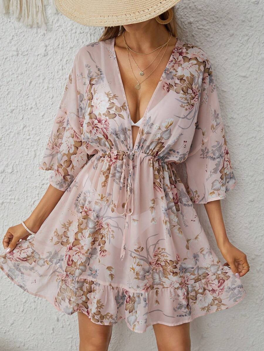 SHEIN VCAY Floral Print Drawstring Waist Ruffle Hem Cover Up Without Bikini Swimsuit Summer - Baby Pink - View 1