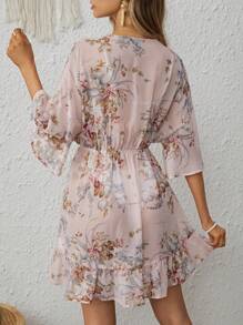 SHEIN VCAY Floral Print Drawstring Waist Ruffle Hem Cover Up Without Bikini Swimsuit Summer - Baby Pink - View 2