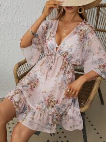 SHEIN VCAY Floral Print Drawstring Waist Ruffle Hem Cover Up Without Bikini Swimsuit Summer - Baby Pink - View 4