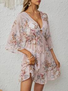 SHEIN VCAY Floral Print Drawstring Waist Ruffle Hem Cover Up Without Bikini Swimsuit Summer - Baby Pink - View 5