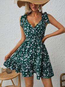 SHEIN VCAY In hoa Ditsy Cà vạt vai Xù Hoa Sen Đầm - Màu xanh lá cây đậm - Xem 1