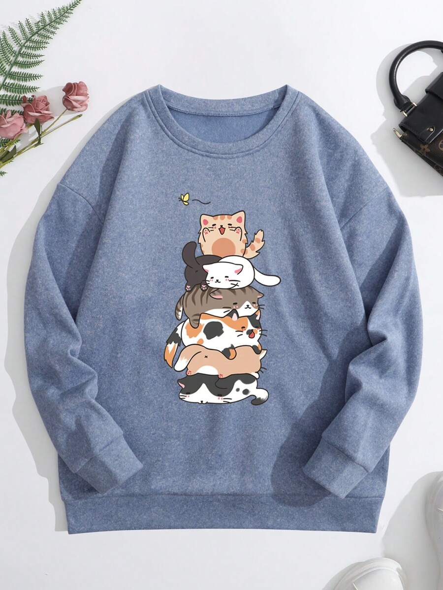 SHEIN Qutie Đồ họa Hoạt hình Lót nhiệt Áo nỉ - Màu xanh bụi bặm - Xem 1