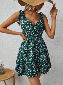 SHEIN VCAY In hoa Ditsy Cà vạt vai Xù Hoa Sen Đầm - Màu xanh lá cây đậm - Xem 6