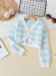 SHEIN Tween Girl Buffalo Plaid Pattern Crop Cardigan - Blue and White - View 1
