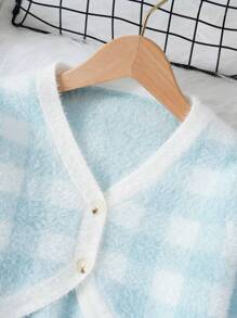 SHEIN Tween Girl Buffalo Plaid Pattern Crop Cardigan - Blue and White - View 3