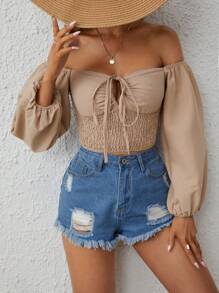 SHEIN VCAY Off Shoulder Nút phía trước Tay áo lồng đèn Áo sơ mi Crop - Màu be - Xem 1