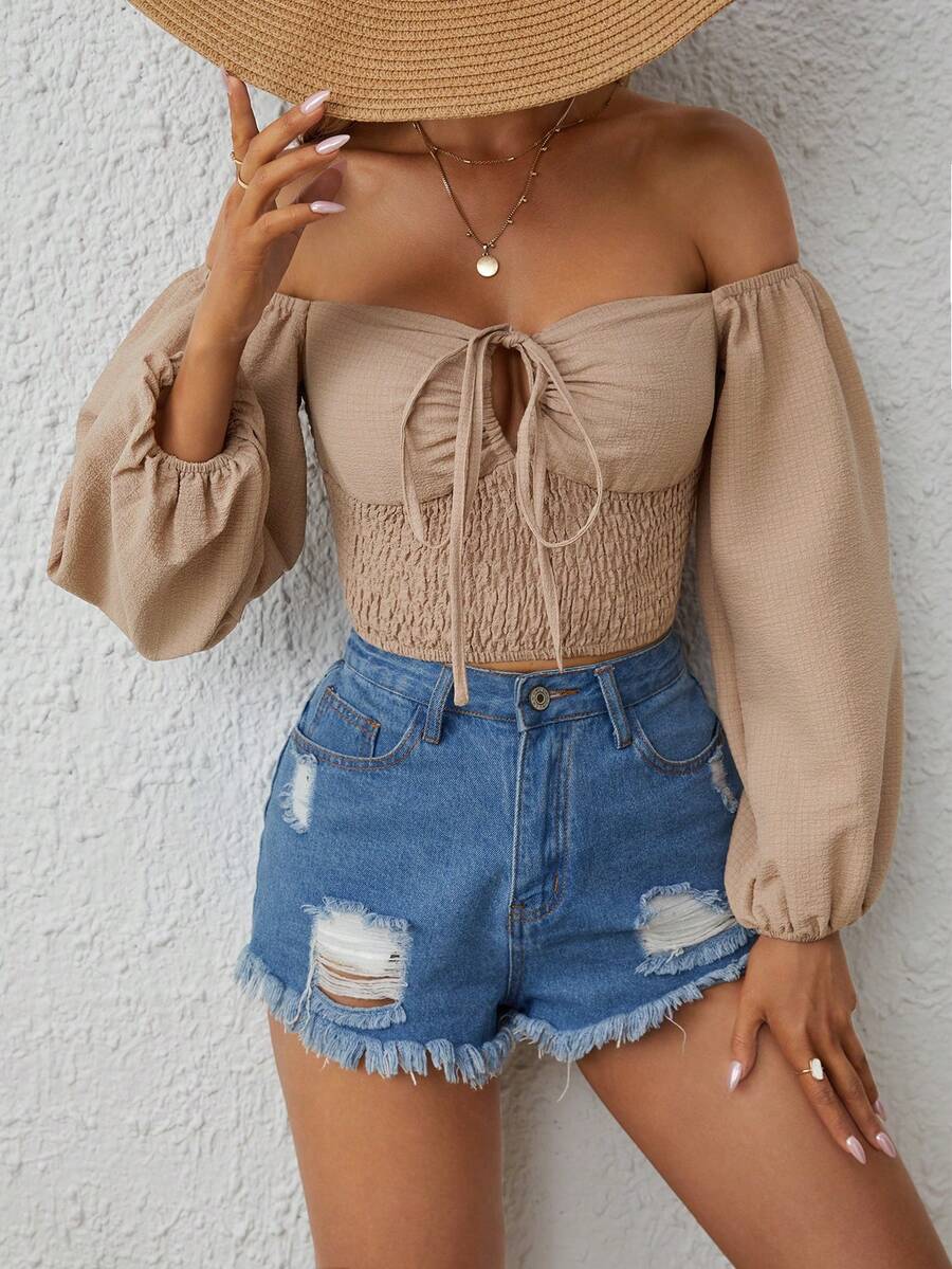SHEIN VCAY Off Shoulder Nút phía trước Tay áo lồng đèn Áo sơ mi Crop - Màu be - Xem 1