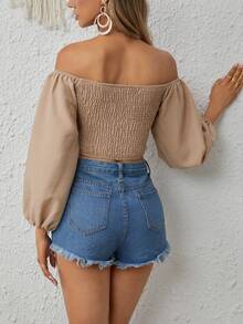 SHEIN VCAY Off Shoulder Nút phía trước Tay áo lồng đèn Áo sơ mi Crop - Màu be - Xem 2