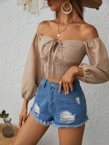 SHEIN VCAY Off Shoulder Nút phía trước Tay áo lồng đèn Áo sơ mi Crop - Màu be - Xem 3