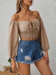 SHEIN VCAY Off Shoulder Nút phía trước Tay áo lồng đèn Áo sơ mi Crop - Màu be - Xem 5