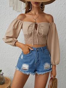 SHEIN VCAY Off Shoulder Nút phía trước Tay áo lồng đèn Áo sơ mi Crop - Màu be - Xem 6