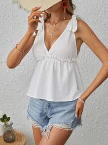 SHEIN VCAY Tie Shoulder Frill Trim Peplum Tank Top