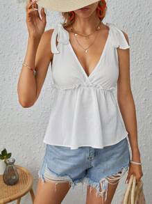 SHEIN VCAY Tie Shoulder Frill Trim Peplum Tank Top