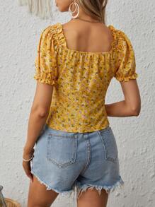 SHEIN VCAY Ditsy Floral Print Sweetheart Neck Puff Sleeve Blouse - Yellow - View 2