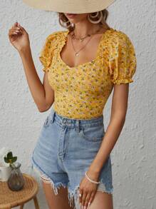 SHEIN VCAY Ditsy Floral Print Sweetheart Neck Puff Sleeve Blouse - Yellow - View 3