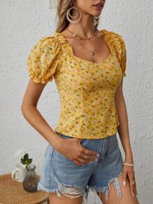 SHEIN VCAY Ditsy Floral Print Sweetheart Neck Puff Sleeve Blouse - Yellow - View 4