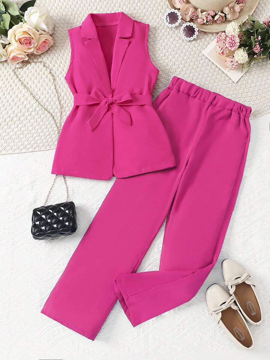 SHEIN Tween Girl Solid Belted Vest Blazer & Trousers - Hot Pink - View 1