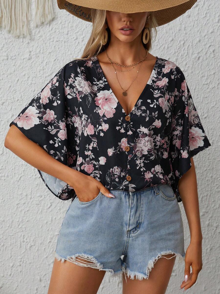 SHEIN VCAY Floral Print Batwing Sleeve Blouse - Black - View 1