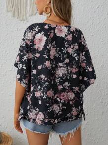 SHEIN VCAY Floral Print Batwing Sleeve Blouse - Black - View 2