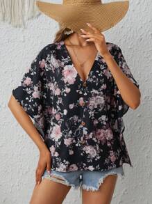 SHEIN VCAY Floral Print Batwing Sleeve Blouse - Black - View 5