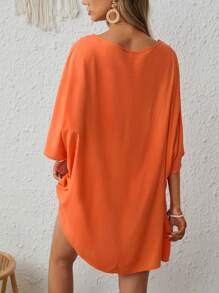 SHEIN VCAY 拼接水溶蕾絲蝙蝠袖罩衫連衣裙 - 橘色 - 查看 2