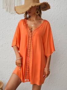 SHEIN VCAY 拼接水溶蕾絲蝙蝠袖罩衫連衣裙 - 橘色 - 查看 3