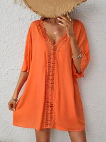 SHEIN VCAY 拼接水溶蕾絲蝙蝠袖罩衫連衣裙 - 橘色 - 查看 5