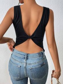 Chiquease 扭結露背素色背心上衣 - 黑色 - 查看 2
