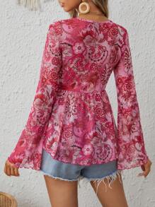 SHEIN VCAY 印花前打結荷葉袖荷葉邊下擺襯衫 - 彩色 - 查看 2