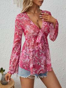 SHEIN VCAY 印花前打結荷葉袖荷葉邊下擺襯衫 - 彩色 - 查看 3