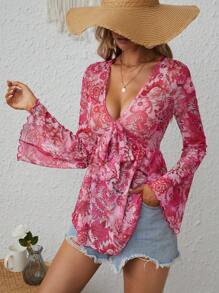 SHEIN VCAY 印花前打結荷葉袖荷葉邊下擺襯衫 - 彩色 - 查看 4