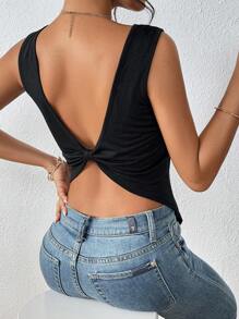 Chiquease 扭結露背素色背心上衣 - 黑色 - 查看 5