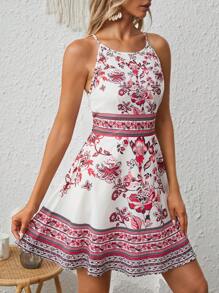 SHEIN VCAY 印花後綁帶掛脖洋裝 - 紅色 - 查看 4