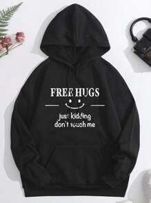 INAWLY Slogan Graphic Kangaroo Pocket Drawstring Thermal Hoodie FREE HUGS Just Kidding Don't Touch Me - Black - View 1